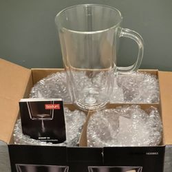 NEW!! 'BODUM' Double-Wall Canteen 13.5 oz CLEAR GLASS Mugs w/Handle - posted price per EACH box of 4 mugs is firm.