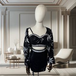 Black Sequin Star Embellished Festival Mini Dress w/ Cutout Bra Top