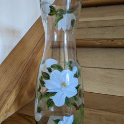 Hand-Blown Clear Glass Hand-Painted Elegant White Flower Wine Beverage Large Carafe 39Oz. 11"X4"x8". Vase.
Pier 1 Imports.