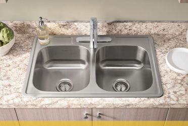 American Standard
Colony 33" Double Basin Stainless Steel Kitchen Sink for Drop In Installations with Three Faucet Holes - Drains Included