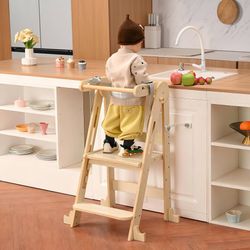 Kids Kitchen Stool, Foldable Toddler Tower, Height Adjustable Toddler Standing Tower with Safety Rail and Anti-Slip Device, Wooden Stool