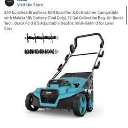 36V Cordless Brushless 15IN Scarifier & Dethatcher Compatible with Makita 18V Battery (Tool Only), 12 Gal Collection Bag, Air Boost Tech, Quick Fold &