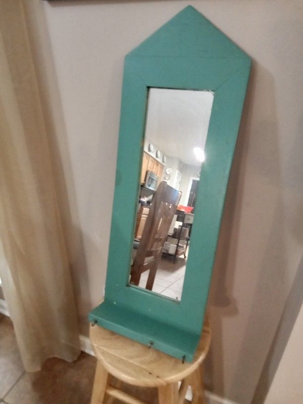 Vintage Wooden Wall Hanging Mirror Shelf  w/ Hooks