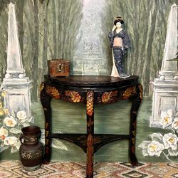 Japanese Hand Carved Black Cherries Entry Console Table 