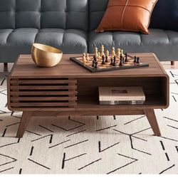 mopio Ensley Coffee Table, Mid Century Modern Table with Storage, Farmhouse Wood Coffee Table for Living Room Fluted (Walnut)