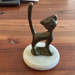Antique brass cat kitty statue on marble base