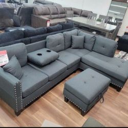 BRAND NEW 3 PIECES SECTIONAL COUCH WITH STORAGE OTTOMAN