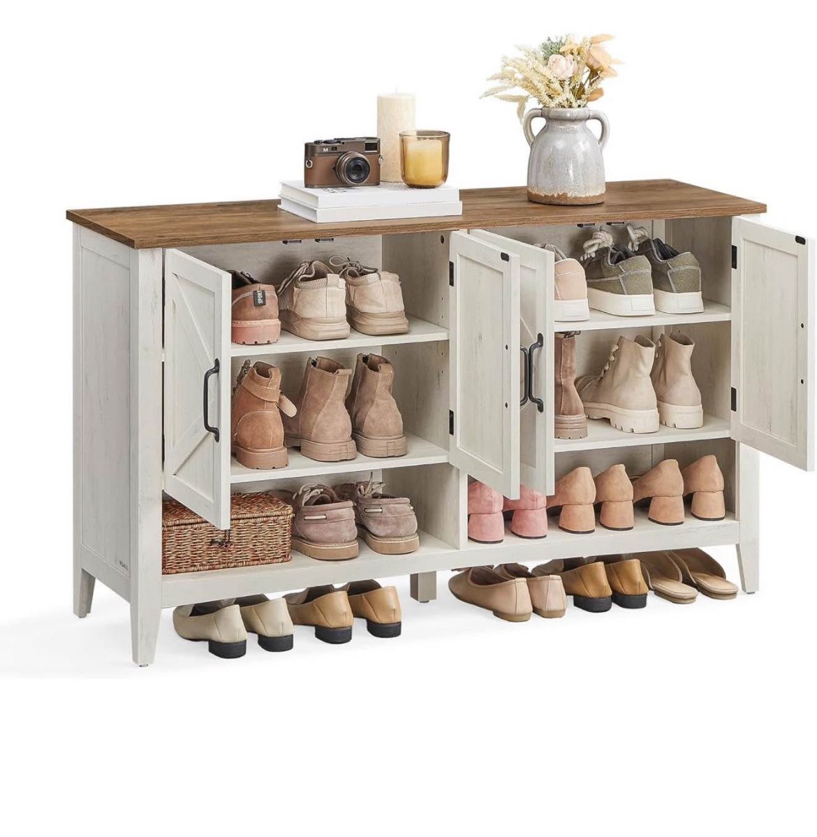 Shoe Cabinet, 3-Tier Shoe Storage Organizer, Farmhouse Freestanding Cabinet with Height-Adjustable Shelf, 13.8 x 47.2 x 27.6 Inches,