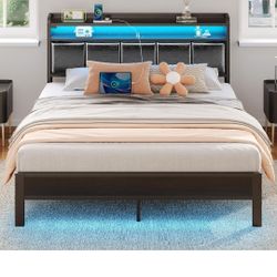 Rolanstar Bed Frame Full Size with Charging Station and LED Lights, PU Leather Headboard with Storage Shelves, Heavy Duty Metal Slats, No Box Spring N