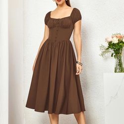 Women's Short Sleeves Square Neck Midi Corset Dress 