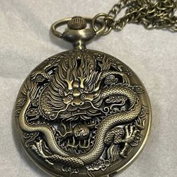 Antique Dragon Hollow Quartz Pocket Watch Unisex Analog Necklace Sweater Pendant