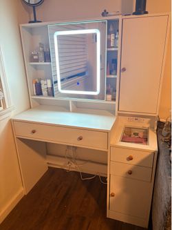 White Vanity Desk with LED Mirror, Storage & Charging Station
