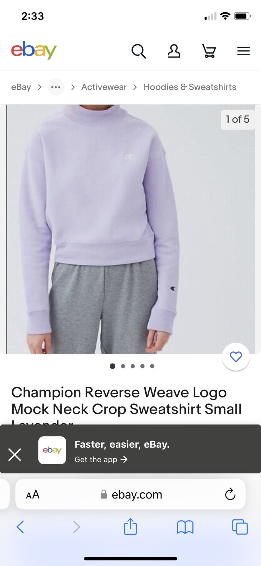 Champion Women’s Reverse Weave Logo Mock Neck Crop Sweatshirt Small Lavender