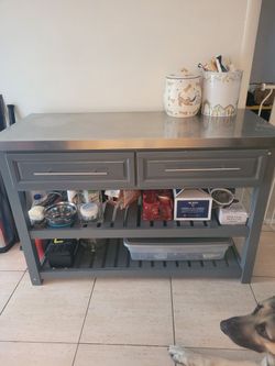 Gray Kitchen Island with Stainless Steel Top