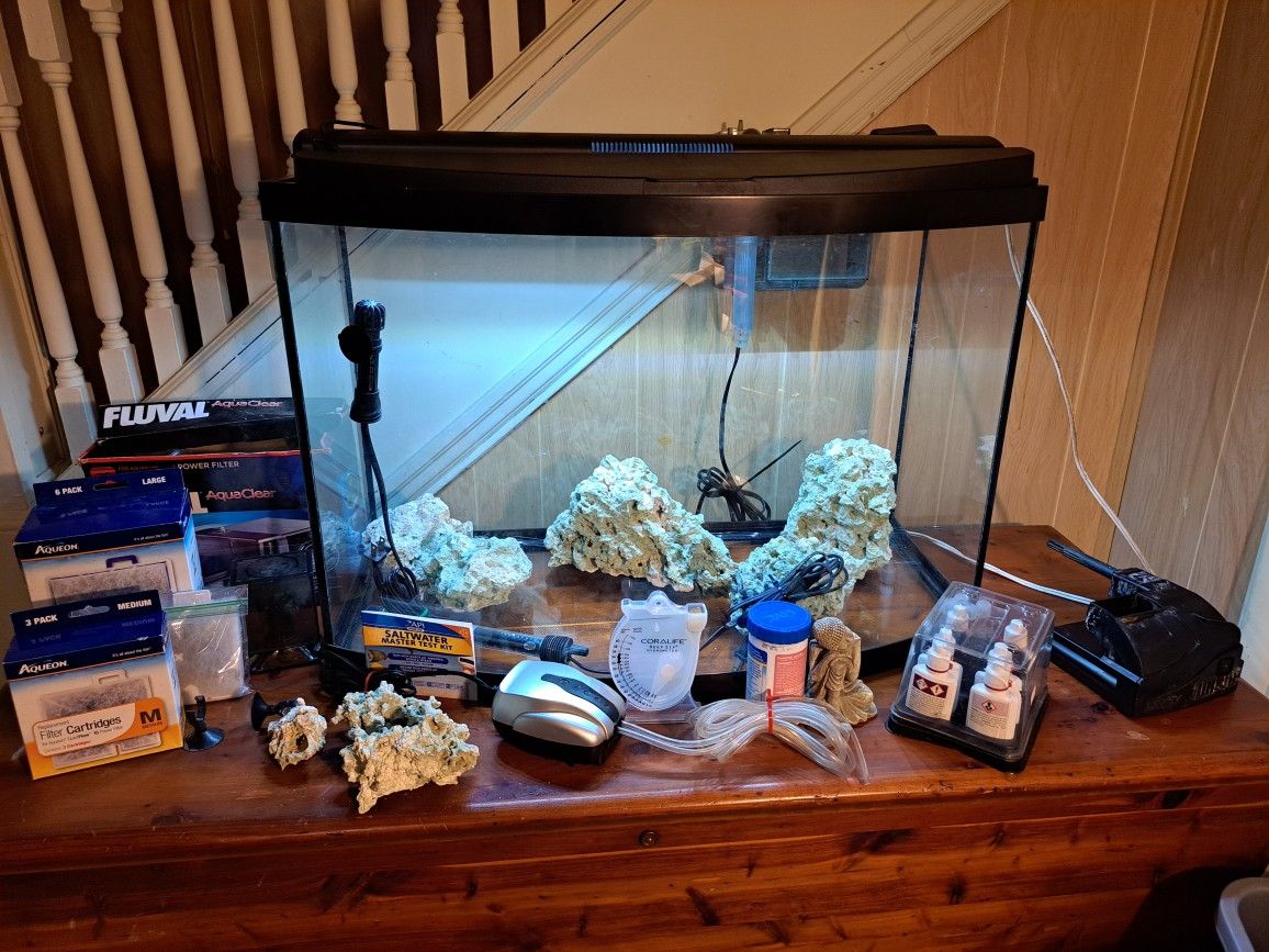 36 Gallon Bow Front Aquarium, Fish Tank, With Salt Water Accessories