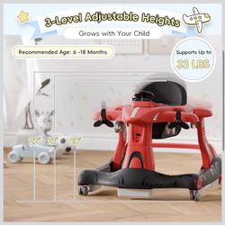 Walker with Wheels, Adjustable Height & Speed Activity Walker with Padded Seat red Orr Blue