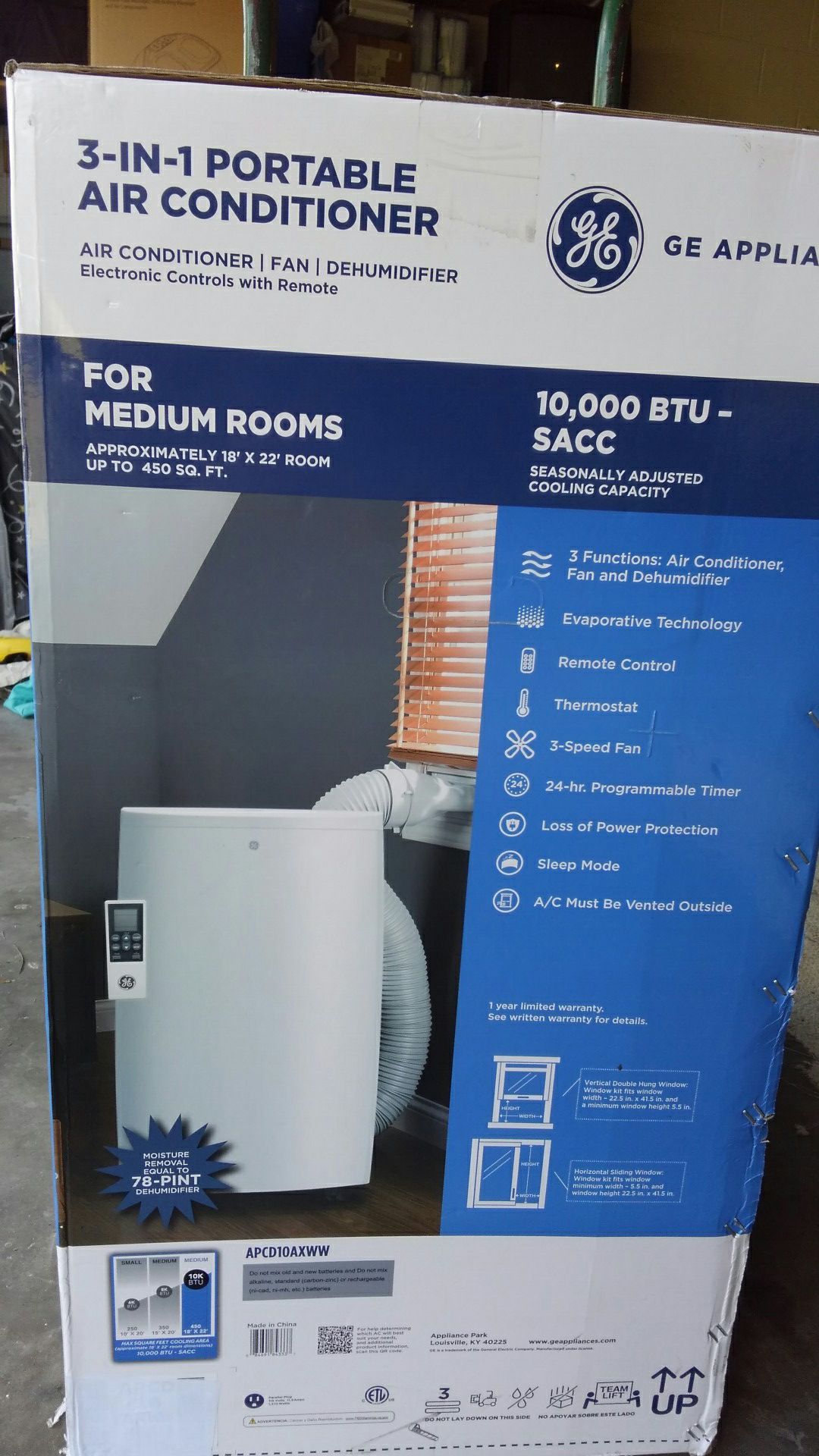 GE 10,000 btu remote controlled portable air conditioner/dehumidifier