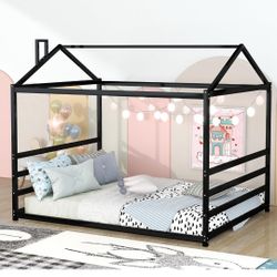 Bellemave  Metal Queen Size Floor Bed for Kids,Montessori Floor Bed with Roof,House Bed Frame Queen for Boys Girls,Black