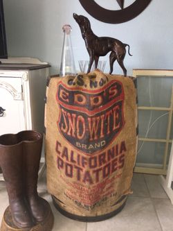 Awesome Vintage Advertising Sno-Wite brand California potato’s 100 pound burlap bag