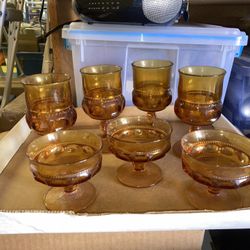 3 Small And 4 Regular Amber Midcentury Glasses