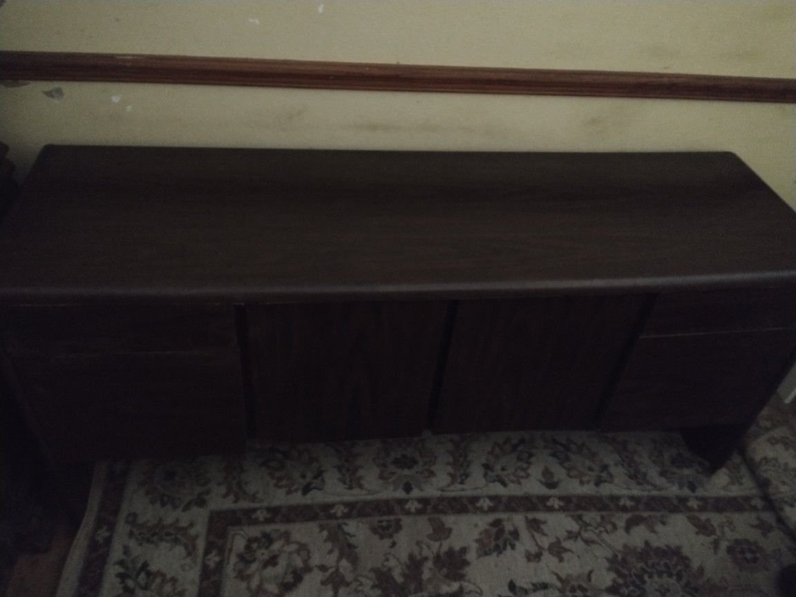 Horizontal Long Cherry Cabinet With 2 Files Sliding Drawers With Damage On Right Side