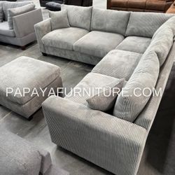 Great Deal! Light Grey Sectional Sofa And Ottoman, Sectionals, Sofa, Couch, Plush Sectional, Living Room Sofa, Sectionals, L-Shaped Couch, Corduroy 