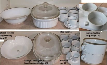($5-$20) white soup serving bowls jumbo stacking mugs tea cups Corningware French casserole baking dish