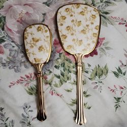 Vintage 1950's Gold Vanity  Mirror And Brush Set 