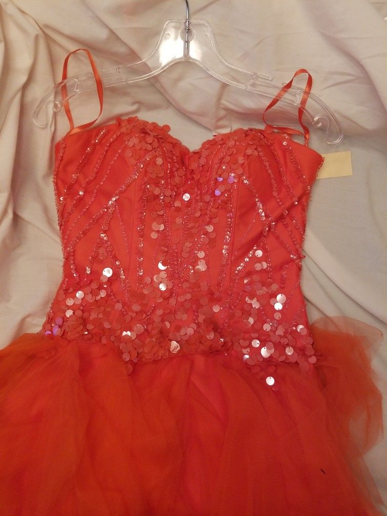 Orange Strapless Sequined High Low Tulle Dress 