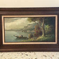 Original Signed Vintage Painting Landscape Fisherman