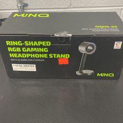 MINQ RGB Ring Shape Headphones Stand for Desk - Wireless Phone Charger Stand - Gamer Headset Stand, Airpod Max Stand - USB, USB C Charging & Aux - Per