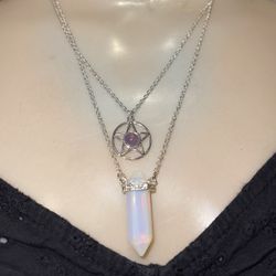 2 Women’s Necklaces Amethyst Pentacle and Hexagonal Moonstone