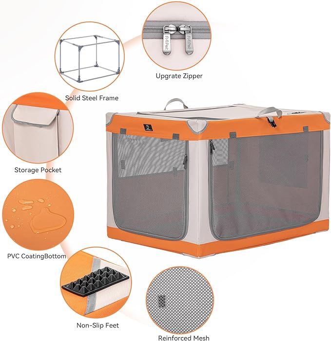 A4pet Dog Crates for Medium Dogs, Travel Dog Crate 30Inch, Easy On The Go, Easy to Stow, Adjustable Compatibility, Chew Proof & Lightweight, Orange&Be