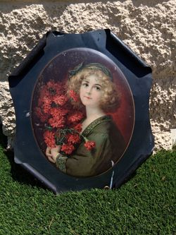 CARNATION GIRL COPYRIGHTED 1908 BY THE MEEK CO ANTIQUE TIN SIGN, ROLLED EDGES. ABSOLUTELY BEAUTIFUL ANTIQUE TIN SIGN....asking $150.00