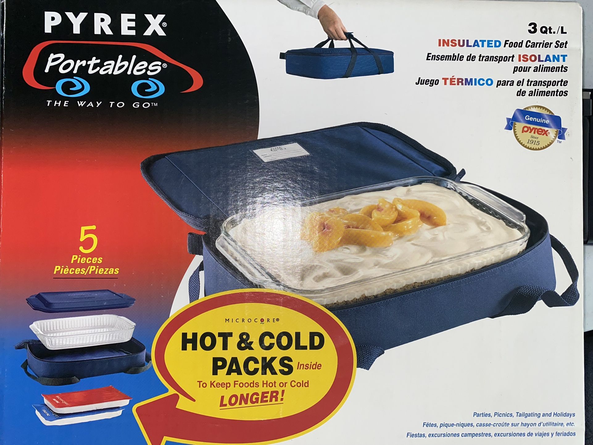Vtg 1997 Pyrex Portables 3 QT Baking Dish Carry Case Hot Cold Packs Lid 5 piece