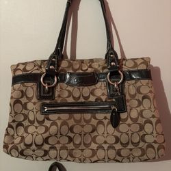 Coach Brown and Cream Shoulder Bag with Monogram Pattern