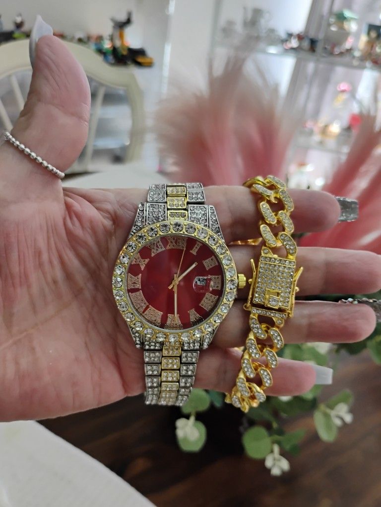 Juego De Reloj Y Pulsera Baño De Oro