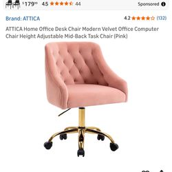 New in the box pink velvet swiveling adjustable height office chair or vanity chair with gold base