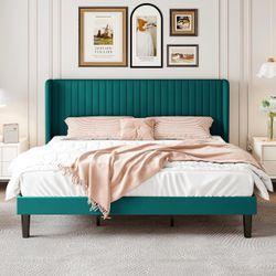 King Size Velvet Bed Frame, Tufted Wingback Headboard, Teal 47'' Modern Vertical Channel Headboard, Upholstered Platform Bed, Wood Slats, No Box Sprin