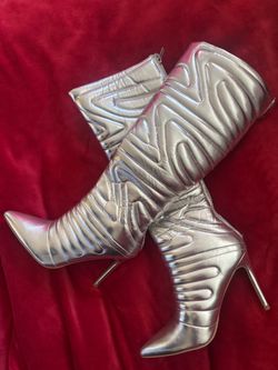 Silver Metallic Quilted Stiletto Knee-High Boots