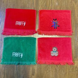 FREE 4 vintageChristmas Embroidered fingertip Hand towels Teddy Bears Soldiers