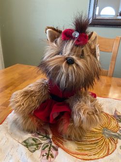 New Yuletide Yorki stuffed animal from the Bearington collection. 11 inch. In Christmas outfit.