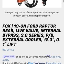 FOX | 19-ON FORD RAPTOR REAR, LIVE VALVE, INTERNAL BYPASS, 3.0 SERIES, P/B, EXTERNAL COOLER, 12.3", 0-1" LIFT