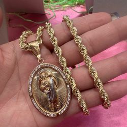 14k Gold Rope Chain w San Judas