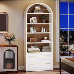 J0386 76.8" Arched Bookcase, 5-Tier Modern Bookshelf Display Shelf with File Cabinet Drawer