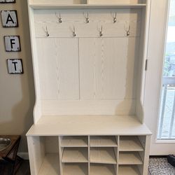 Farmhouse white hall tree coat, jacket, and shoe rack with bench