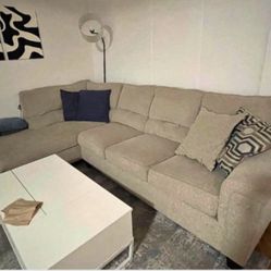 Beige Sectional Couch + White Coffee Table – Great Condition