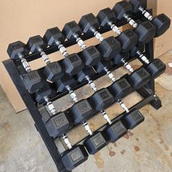 Rubber Coated Hex Dumbbells 10–50 lbs (5 lb Increments) w/ Rack