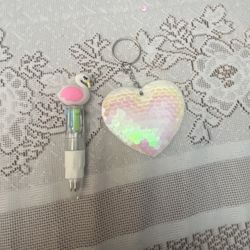 Pearl White Sequence Heart And White Flemingo Pen 