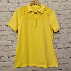 Denim & Co Women’s Jersey Polo Collar Top w/ Eyelet Lace Trim Yellow Size XXS